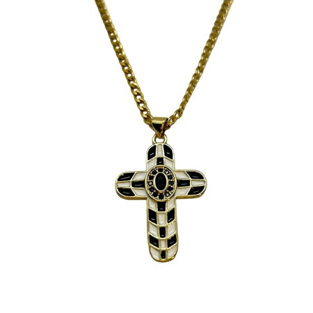 necklace steel gold chain with cross metal black and white